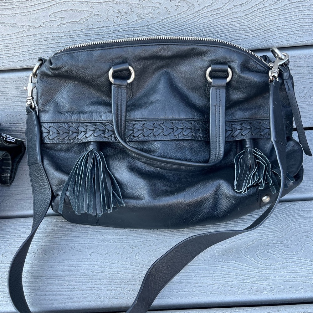 JOELLE HAWKINS BLACK LEATHER BOHO BAG, with tassels , clean